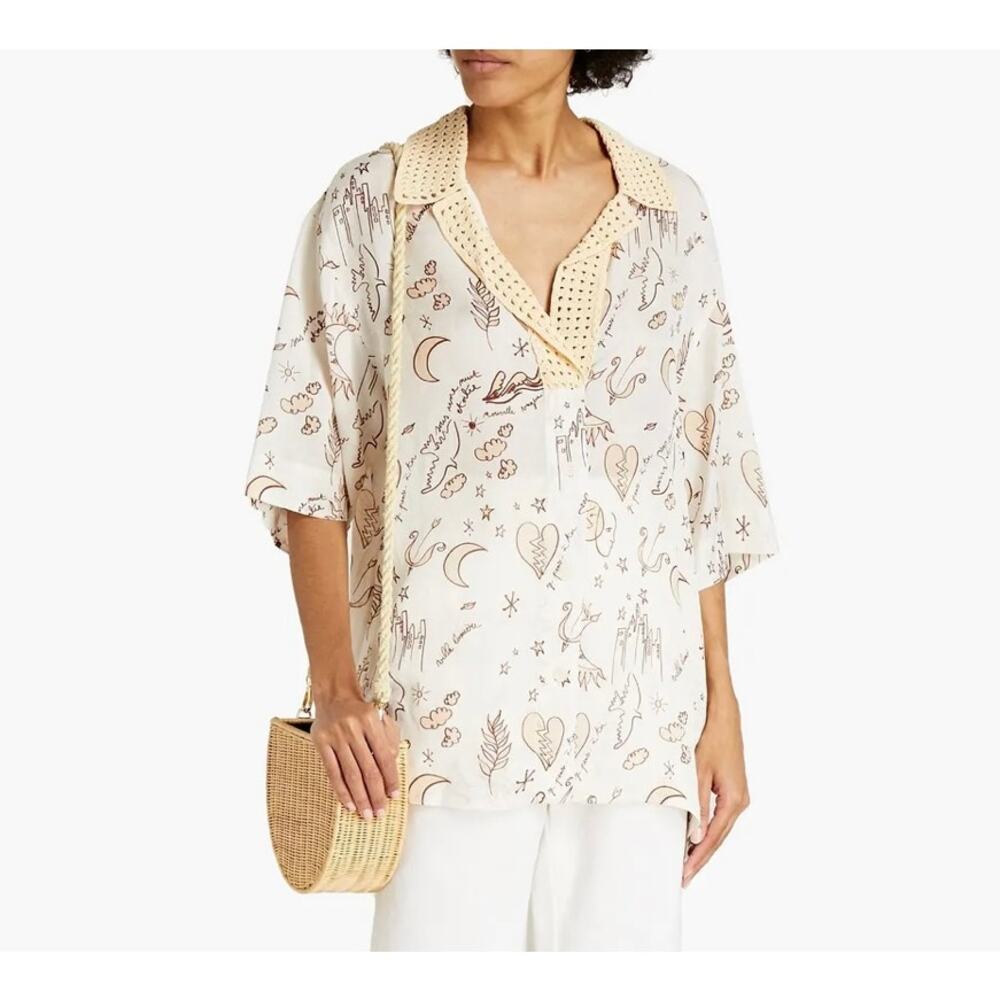 Sandro Nicole Crochet Collar Printed Shirt White Short Sleeve Oversized 4 US 10
